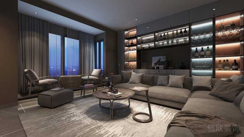 深圳羅湖現(xiàn)代美式家庭套房裝修實(shí)景圖客廳酒柜