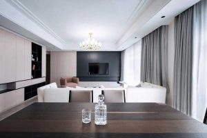 現(xiàn)代裝修風(fēng)格家居美學(xué)深色胡桃木就餐區(qū)開放式客廳設(shè)計(jì)