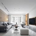 灰色色調(diào)客廳裝修幾何線條光影利用休息區(qū)大理石墻柜直線設(shè)計圖