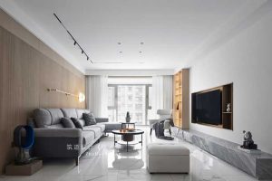 灰色色調(diào)客廳裝修幾何線條光影利用休息區(qū)大理石墻柜直線設(shè)計(jì)圖