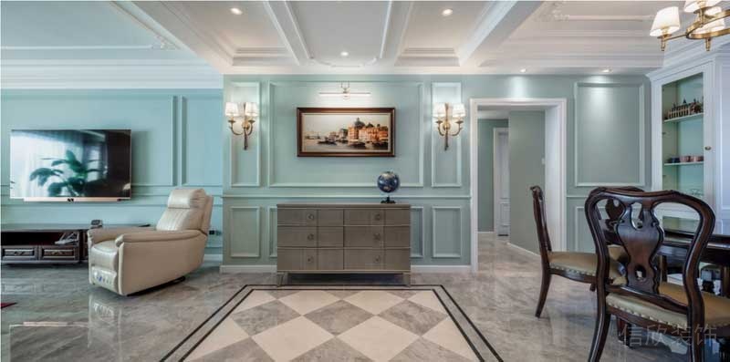 薄荷綠石膏線藝術法式墻體創(chuàng)意設計大理石地板菱形圖案裝修效果圖大廳