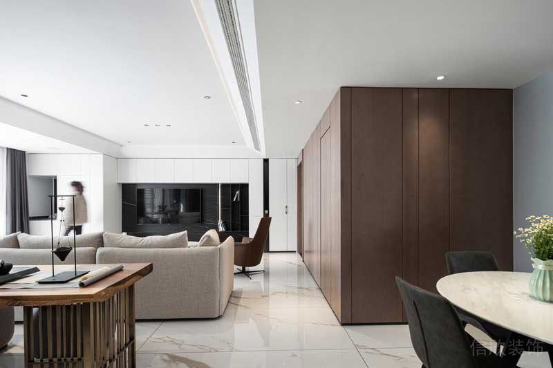 深色胡桃米墻柜創(chuàng)意設(shè)計(jì)簡約風(fēng)大理石過道全屋定制客廳