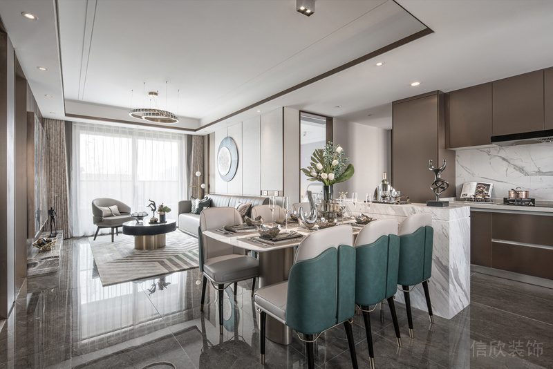 深圳龍華現(xiàn)代輕奢家庭裝修案例客餐廳效果圖