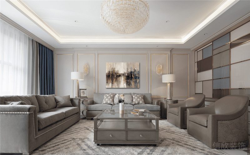 深圳福田金色調(diào)輕奢風家庭裝修客廳效果圖