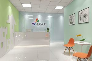 培訓機構裝修設計馬卡龍色系光面地板墻體效果圖大廳休息區(qū)