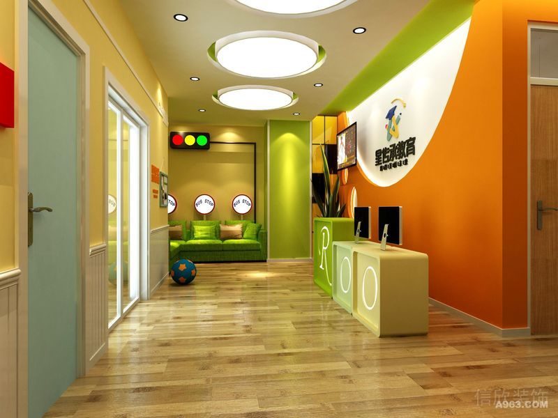 木質(zhì)地板教育培訓藝術(shù)中心機構(gòu)裝修吸頂燈金屬環(huán)形設計