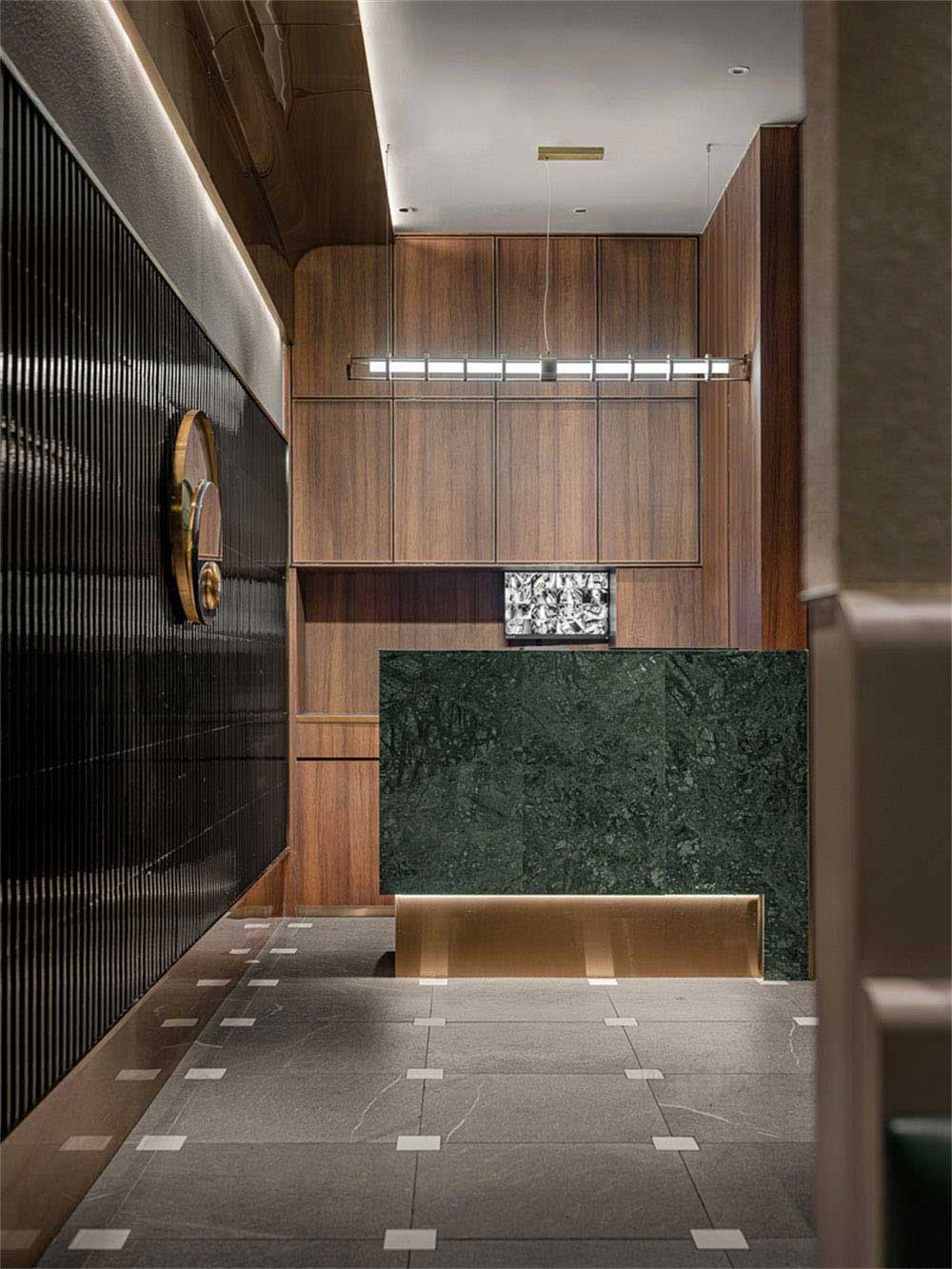 深圳寶安輕奢風格鐵板燒餐廳裝修設計前臺服務區(qū)