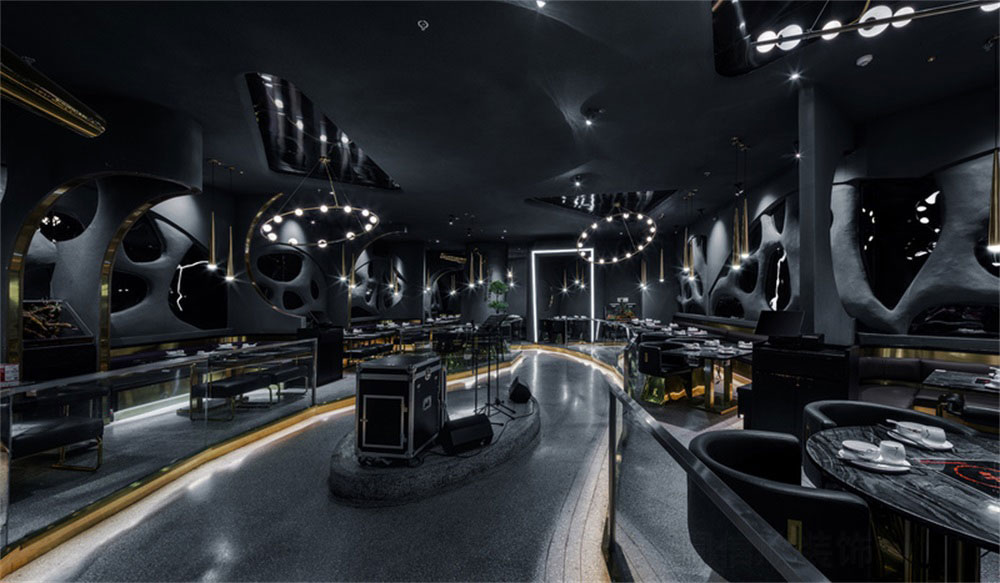 深圳鹽田后現(xiàn)代黑灰色系餐飲店裝修設(shè)計(jì)中島舞臺