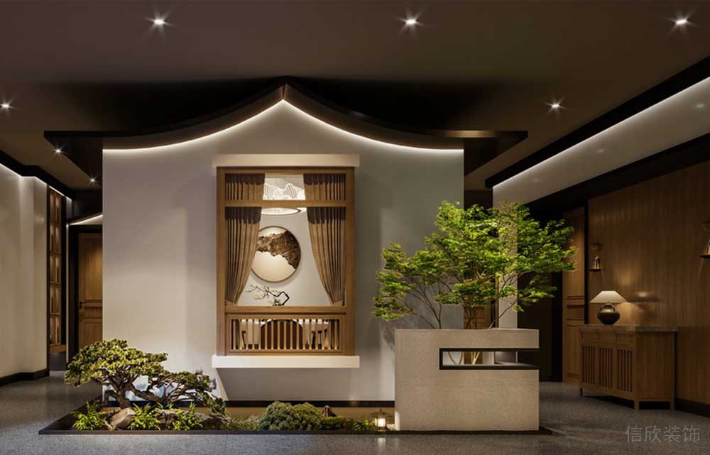 中式餐廳裝修效果屋檐創(chuàng)意設(shè)計(jì)微景觀餐廳大廳效果過道