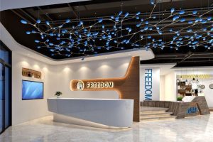 天花鏤空創(chuàng)意吊頂工業(yè)風(fēng)前臺區(qū)陶瓷效果圖木質(zhì)創(chuàng)意設(shè)計(jì)點(diǎn)綴機(jī)構(gòu)