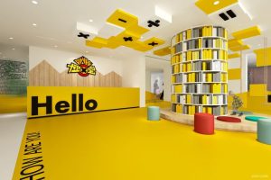 黃色兒童培訓機構藝術周型收納墻體柜大型墻體休息區(qū)大廳設計