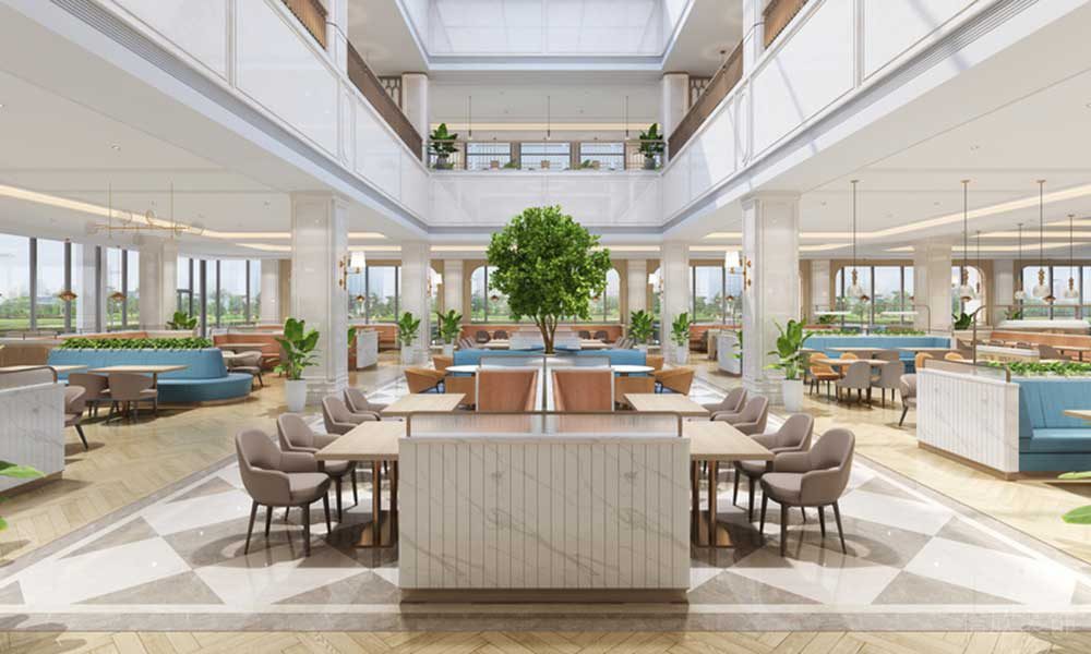 對稱式餐廳就餐區(qū)域酒樓裝修效果圖現(xiàn)代簡約創(chuàng)意設(shè)計(jì)藍(lán)色點(diǎn)綴