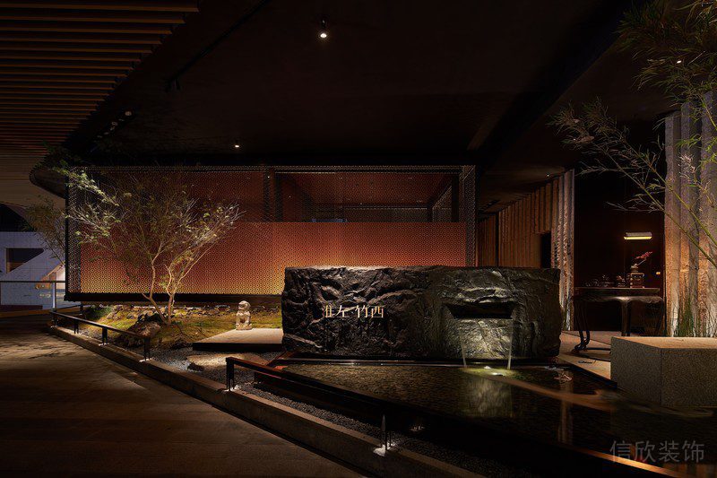 中式雅致餐廳地臺(tái)過道大理石黑色裝修效果