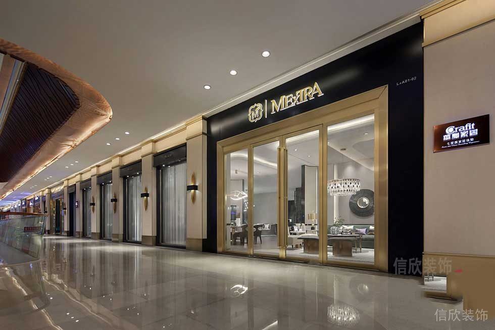 店鋪裝修效果圖家居店鋪商場裝修金色環(huán)形門框黑色墻體涂料效果方面金色燈飾設(shè)計