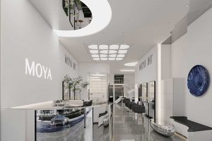 發(fā)型設計發(fā)廊鏡面裝修大理石過道環(huán)形燈飾天花效果圖店鋪裝橫