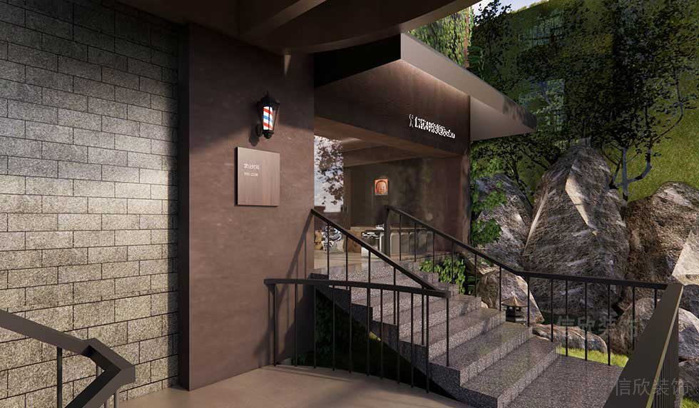 復(fù)古裝修水磨石過(guò)道休息區(qū)棕色現(xiàn)代辦公樓裝修