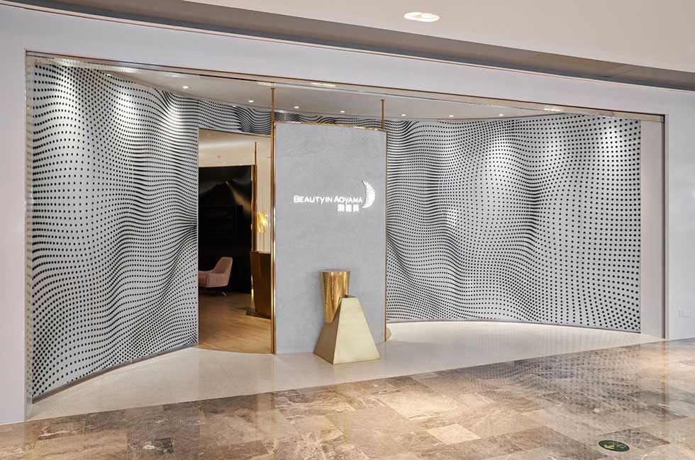 波點(diǎn)墻體設(shè)計(jì)效果圖大理石地板裝修辦公室前臺區(qū)過道效果金色墻體裝修