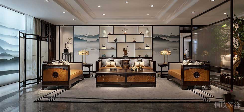 中式屏風墻體內(nèi)嵌式中國創(chuàng)意水墨畫效果木質(zhì)沙發(fā)洽談室辦公室家具