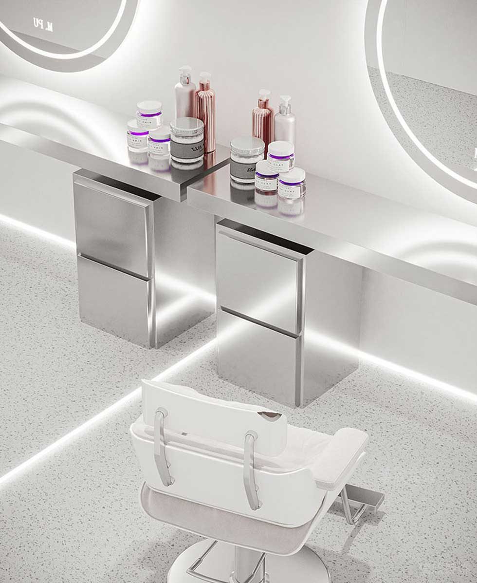 美容店護(hù)理區(qū)白色的窄臺(tái)操作臺(tái)