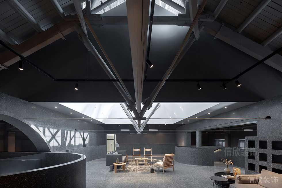 工業(yè)風(fēng)未來科技感現(xiàn)代水磨石地板弧線線條辦公室裝修