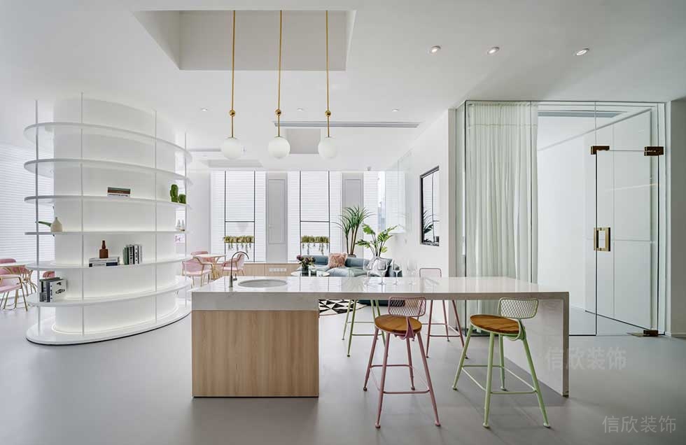 美容店休閑區(qū)白色大理石水吧臺效果圖