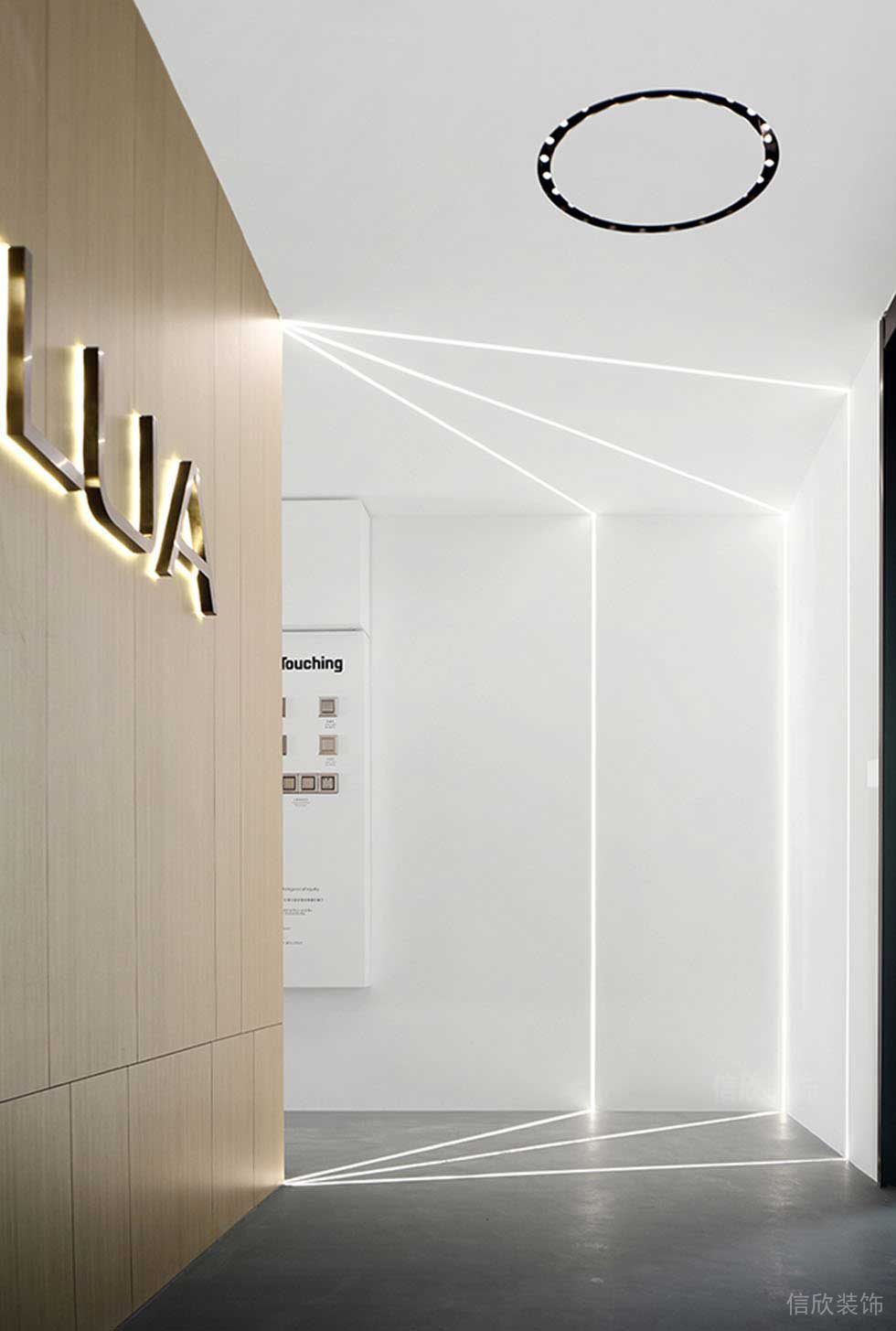 燈飾設計墻體放射式圓形鏤空天花吸頂燈木質辦公室裝修