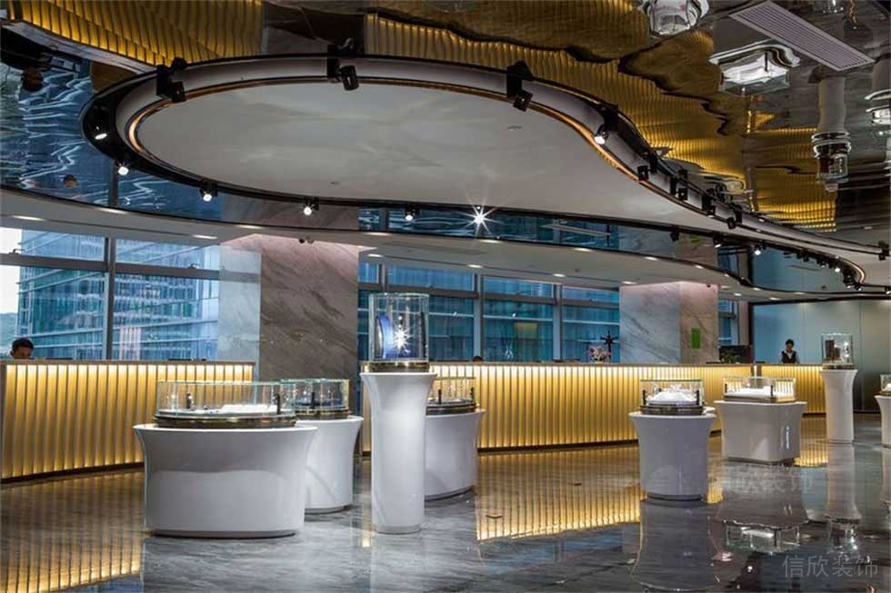 未來產品展示區(qū)域珠寶店鋪裝修前臺區(qū)金屬設計大理石地板裝修效果圖