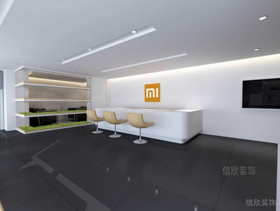 小米接待區(qū)裝修效果圖pvc地板裝修店鋪收納鏤空墻柜