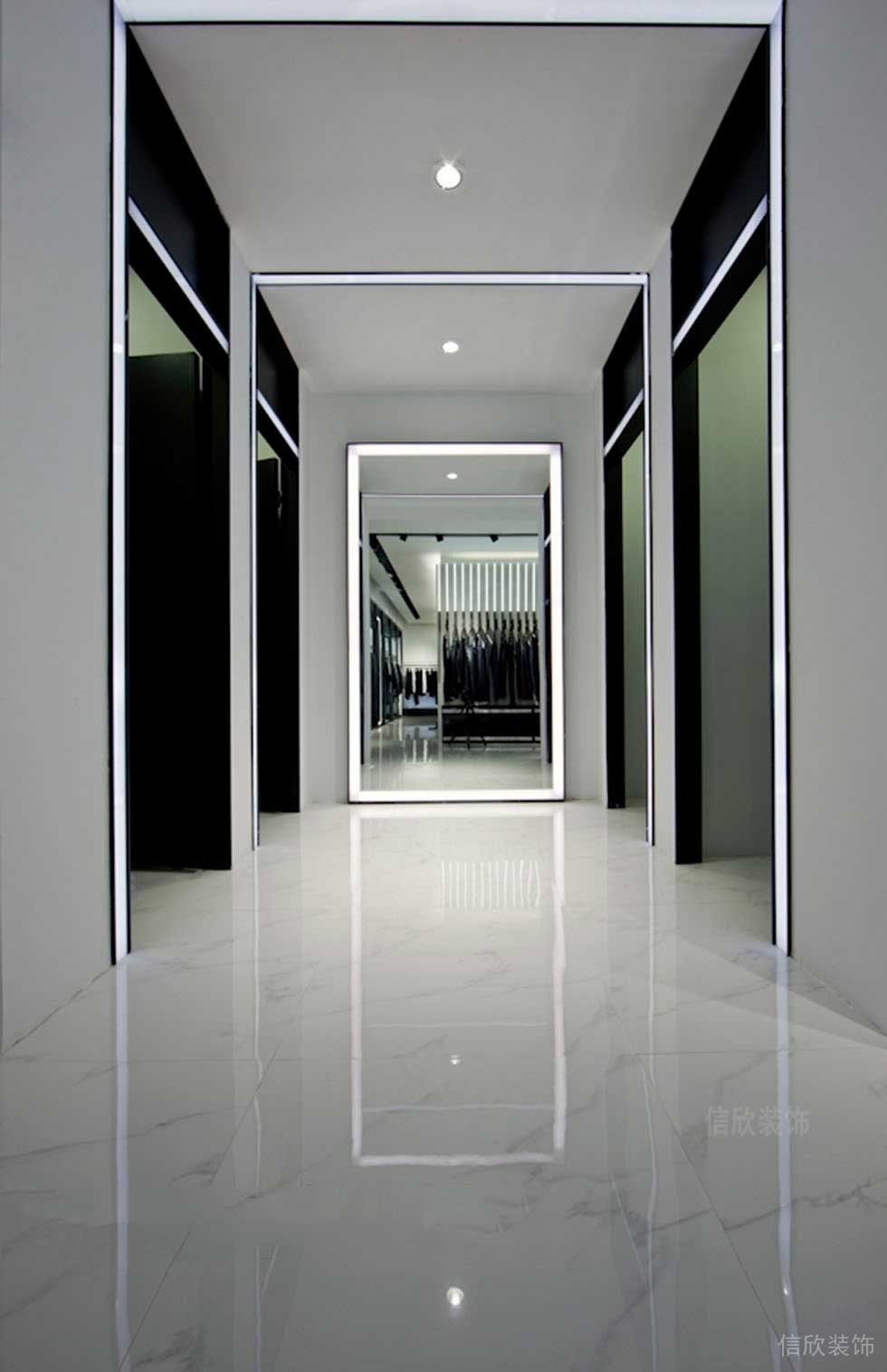 大理石地板過(guò)道環(huán)形燈帶效果圖黑白色調(diào)辦公室走廊效果圖