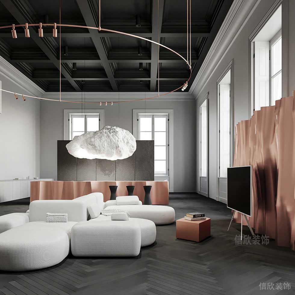 皮粉色現(xiàn)代簡(jiǎn)約風(fēng)大廳裝修休息區(qū)工業(yè)風(fēng)天花設(shè)計(jì)圖