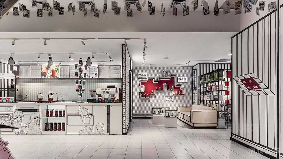 2d效果圖動(dòng)畫線描裝修黑白色調(diào)創(chuàng)意藝術(shù)感奶茶店裝修