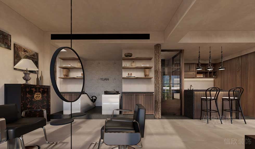 發(fā)型設(shè)計(jì)店鋪裝修復(fù)古木質(zhì)效果圖茶水間休息區(qū)大堂效果圖定制圓形天花線條鏡面效果圖