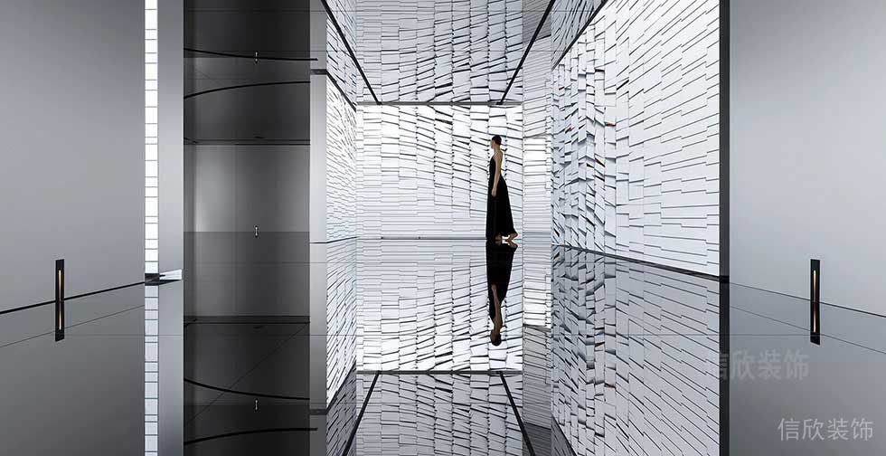 鏡面裝修地板效果圖黑白色調(diào)墻體設(shè)計(jì)顯示平面辦公室裝修