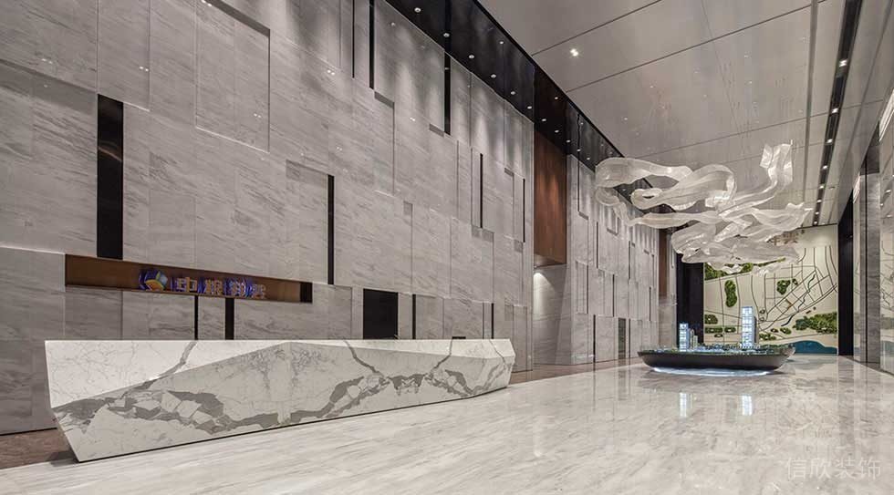 辦公室大堂裝修不規(guī)則藝術(shù)感大理石前臺(tái)桌現(xiàn)代售樓中心效果圖