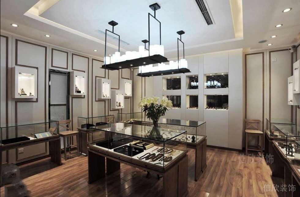 產品展示區(qū)域裝修木質效果圖天花水晶吊頂墻體內嵌式玻璃效果