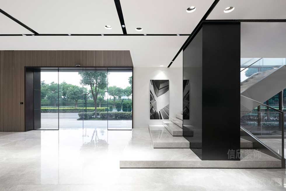 柵格板木質(zhì)智能玻璃門裝修階梯工作室休息區(qū)裝修