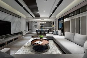 商務(wù)風(fēng)直線(xiàn)沙發(fā)布藝灰色效果圖簡(jiǎn)約木質(zhì)茶幾現(xiàn)代簡(jiǎn)約風(fēng)客廳裝修