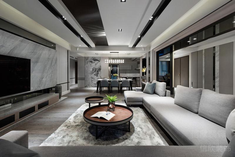 商務(wù)風(fēng)直線沙發(fā)布藝灰色效果圖簡(jiǎn)約木質(zhì)茶幾現(xiàn)代簡(jiǎn)約風(fēng)客廳裝修