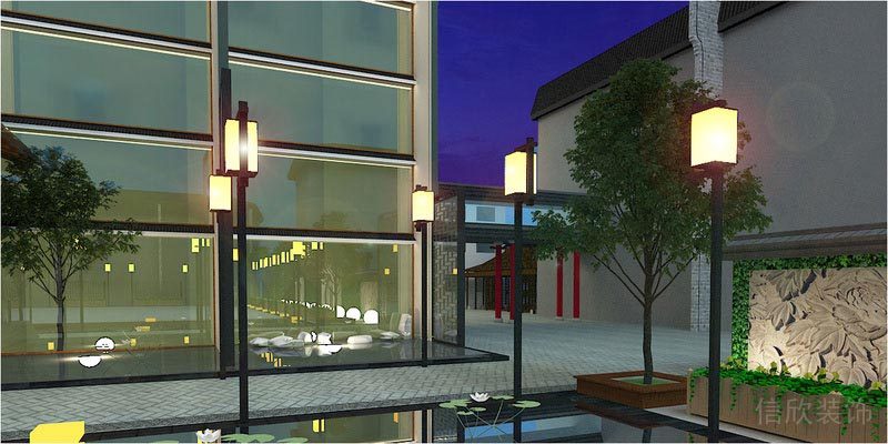 深圳寶安中式風(fēng)格餐飲店裝修圖室外庭院效果圖