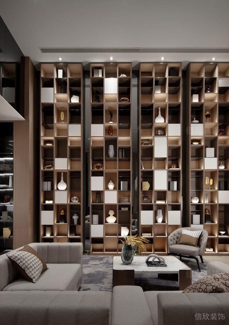 深圳龍華家庭新房全包裝修方案負(fù)一層休閑區(qū)裝飾展示柜