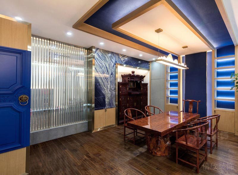 藍(lán)色的中式茶室裝修設(shè)計(jì)效果圖