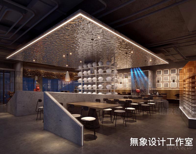 福田餐廳裝修燒烤店設(shè)計(jì)效果圖水波紋不銹鋼壓花吊頂