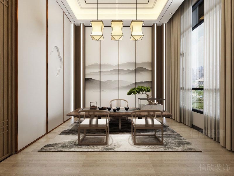 深圳福田新中式餐飲茶室裝修圖地面鋪設(shè)