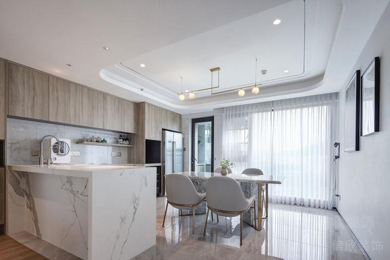 大理石開放式餐廚一體柜裝修設(shè)計吧臺效果圖天花智能窗簾設(shè)計圖