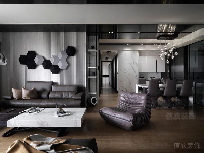 真皮獨(dú)立休息區(qū)條紋背景板裝修客廳效果圖