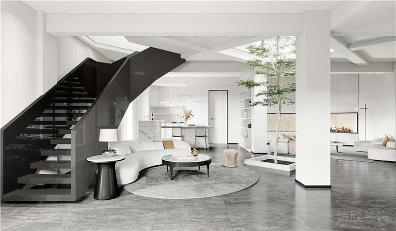 黑白色調(diào)現(xiàn)代簡(jiǎn)約風(fēng)全屋定制家裝精品房設(shè)計(jì)大廳鏤空階梯弧線設(shè)計(jì)圖