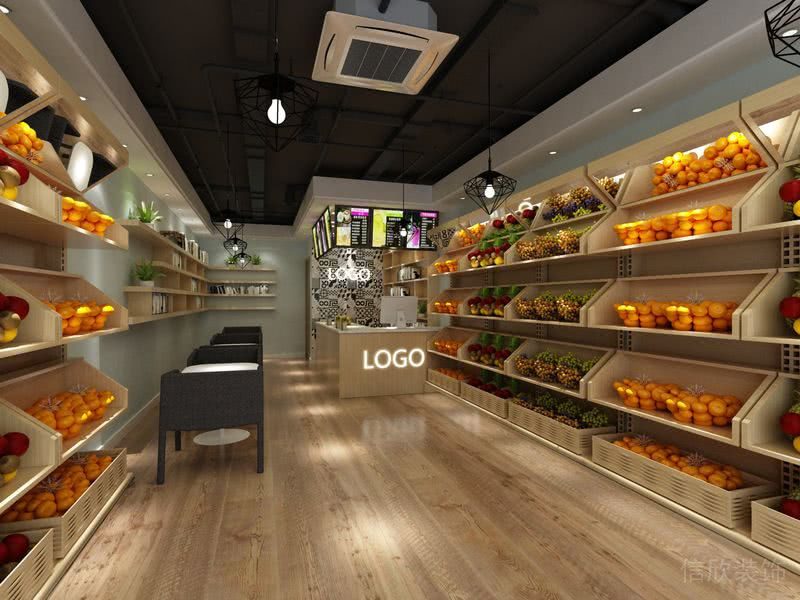 展柜開放式區(qū)域超市水果售賣區(qū)裝修效果工業(yè)風(fēng)天花中央空調(diào)實木地板過道設(shè)計