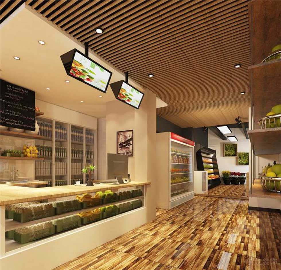 實(shí)木地板裝修設(shè)計(jì)效果超市售賣區(qū)域收銀處結(jié)賬區(qū)煙花廣告牌led展示效果