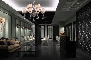 水晶天花吊頂?shù)鯄嬙O(shè)計(jì)直線形鏡面對(duì)稱發(fā)廊裝修店鋪墻體綠色涂料設(shè)計(jì)圖