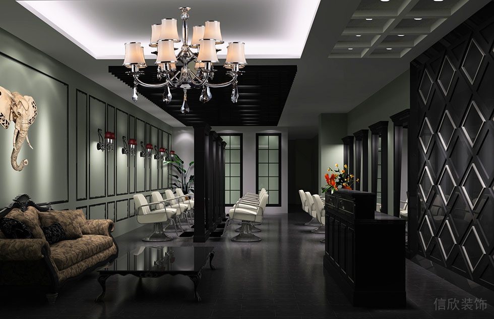 水晶天花吊頂?shù)鯄嬙O(shè)計直線形鏡面對稱發(fā)廊裝修店鋪墻體綠色涂料設(shè)計圖